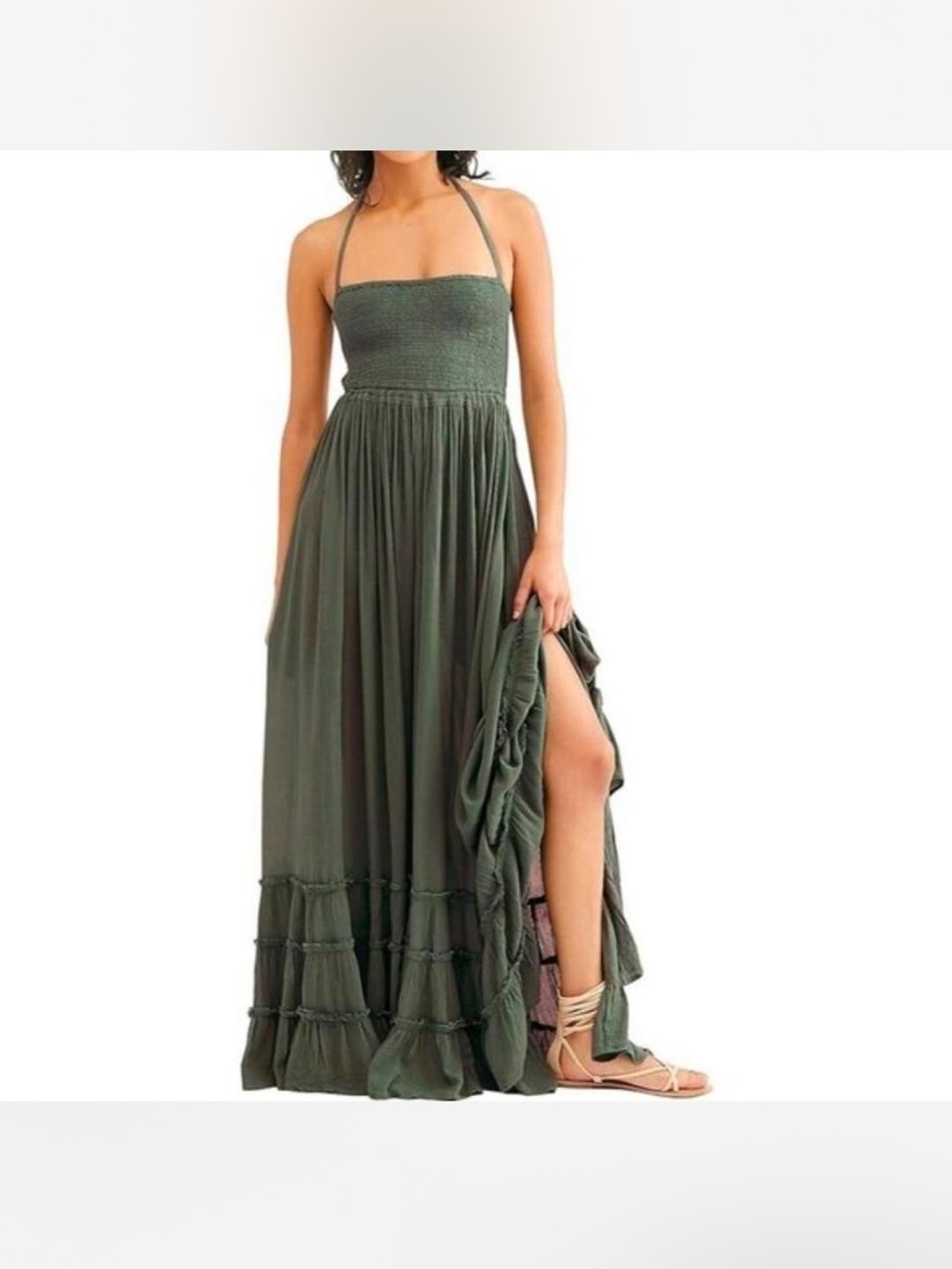 New R.Vivimos Women Summer Cotton Sexy Blackless Long Dress M 8-10 Olive Green